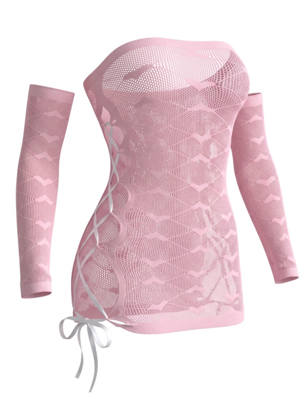 Pastel Pink Fishnet Lace-Up Mini Dress Set